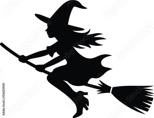 Witch flying on a broomstick in silhouette style with fantasy elements