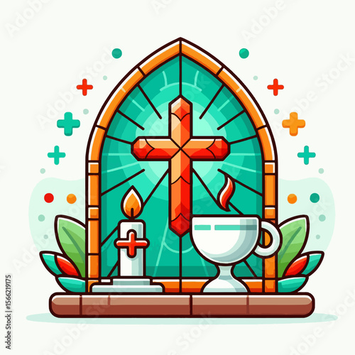 Vibrant graphic illustration of a stained glass window featuring a cross, candle, and cup, suggestive of a religious or spiritual theme.  The style is modern and simplified.