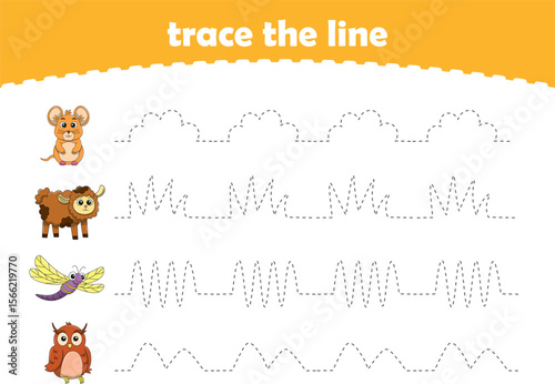 Handwriting Practice. Tracing lines for kids with animals. Vector Illustration