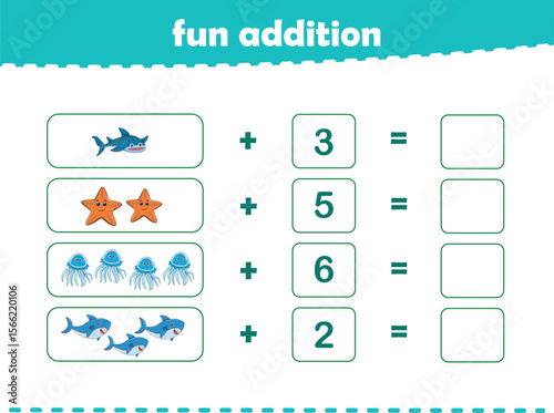 Game for children fun addition by counting cute wild animals pictures printable worksheet vector