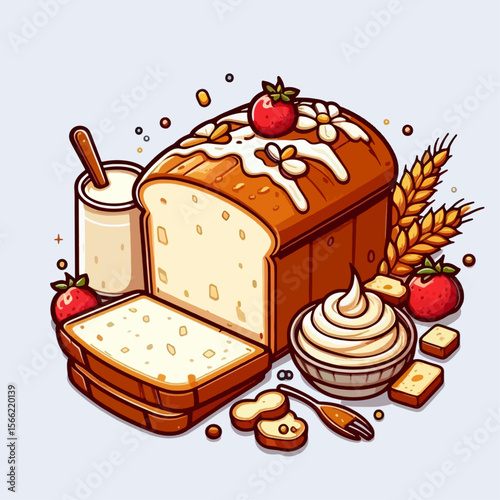 Vibrant graphic design of a loaf of bread, slices, milk, and strawberries, arranged in an attractive composition.  The style is cartoony and appealing to a breakfast and snack theme.