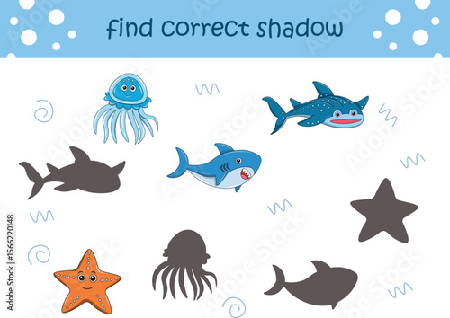 Funny cartoon wild life. Find the correct shadow. Kids Education games. Cartoon vector illustration