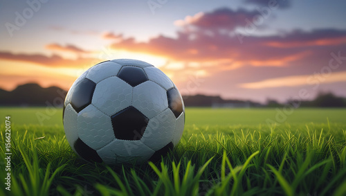 classic black and white soccer ball on a grassy field, with a beautiful sunset in the background.