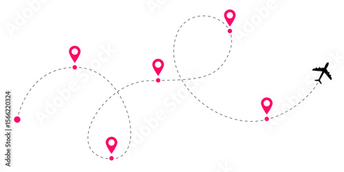 Airplane flight route set with dotted travel path and aircraft tracking lines showing dashed pathways and global plane connections for aviation concept maps and travel design illustrations