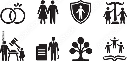 Family Law Icons Silhouettes Representing Legal Fairness Justice and Family Matters