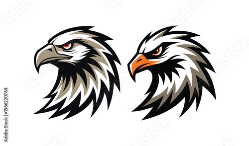 Two stylized eagle heads facing left with fierce expressions and sharp details