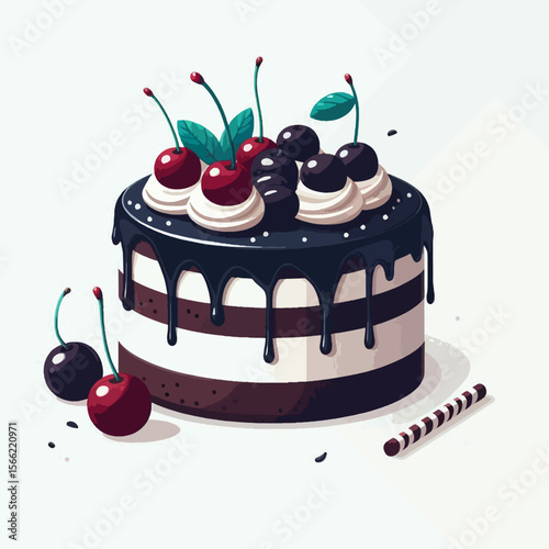 Visually appealing illustration of a chocolate cake decorated with cherries and blueberries.  The cake has a rich chocolate and white layered design.