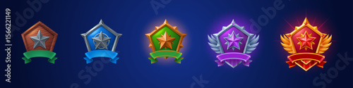 Cartoon set of game badges of different rank