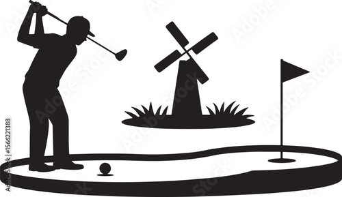 Mini Golf Putting Green Scene with Swinging Putter