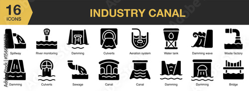 Industry Canal solid icon set. Includes cargo, trade, infrastructure, engineering, route, and More. Solid icons vector collection.