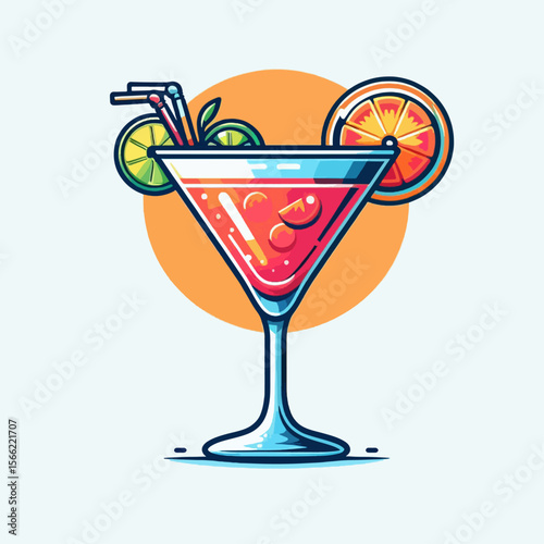 Digital illustration of a vibrant cocktail in a martini glass, garnished with citrus fruits and colorful straws.  The style is bold and playful.