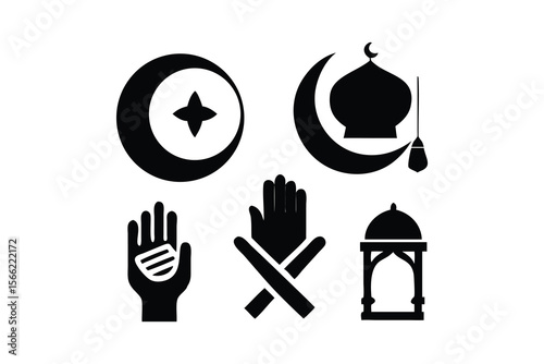 Islamic Symbols: Crescent Moon, Star, Mosque Dome, Hands in Prayer, Lantern Icons;  Simple, Bold, Black Silhouette Vector Graphics for Religious Design, Website, App, or Print Media.