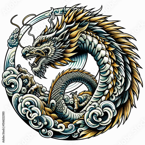 Stylized dragon design centered in a circular frame with swirling clouds, showing intricate patterns and details.