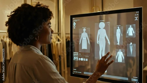 Woman interacting with a digital display in a fashion boutique, showcasing clothing designs and styles
