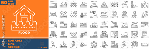 Flood Line Editable Icons set. Vector illustration in modern thin line style of flood icons: home, river, disaster, etc