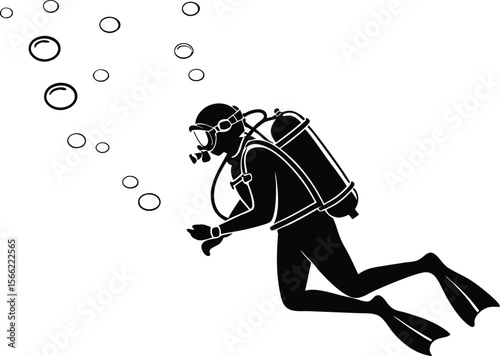 Silhouette of a scuba diver swimming underwater with bubbles rising around them isolated on transparent background
