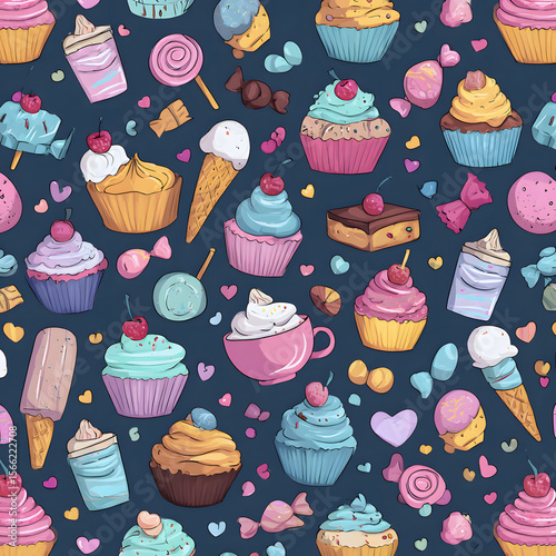 Cute Cartoon Dessert Pattern with Cupcakes, Ice Cream, and Sweets
