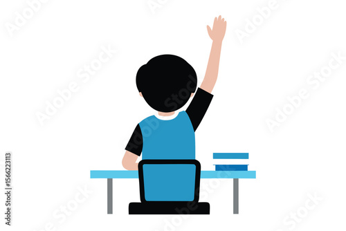 Young student raising their hand in a classroom setting seen from behind