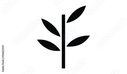 Simple black silhouette of a plant stem with four leaves on a white background