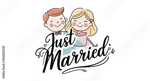 vector illustration of a happy couple with text just married 