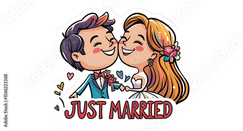 A bride and groom with the text just married 