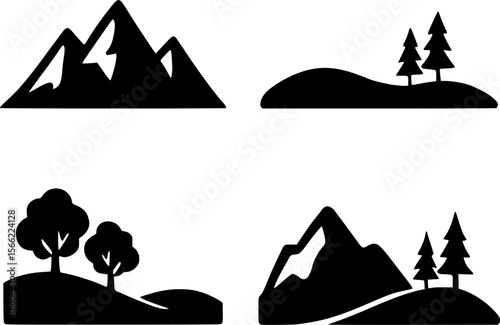 Mountain, Hill, and Tree Icons Simple Black and White Nature Illustrations