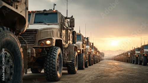 Military vehicles parked in a row, orderly, ready for deployment. logistics, readiness, transport.