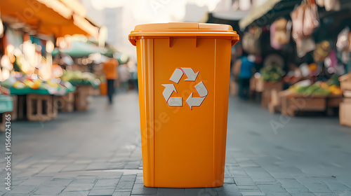 Wallpaper Mural An orange recycling bin stands prominently in an outdoor market setting, highlighting waste management and environmental awareness. Torontodigital.ca