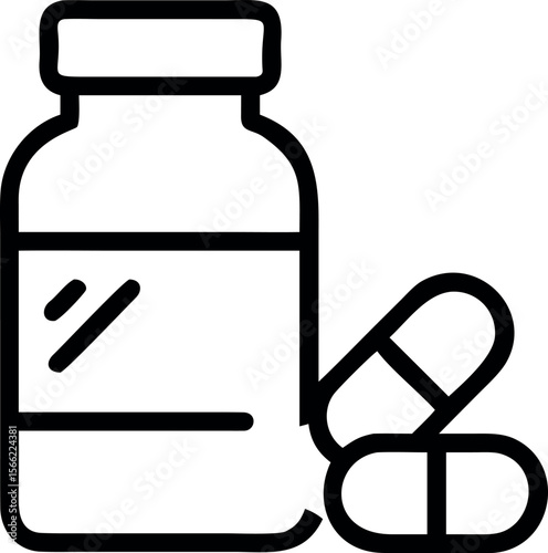 Vector art of a medicine bottle with pills isolated on white background