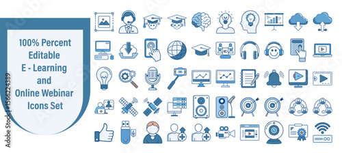 E - Learning and Online Webinar Icons Collection: Digital Education, Remote Learning, and Virtual Training Symbols for EdTech