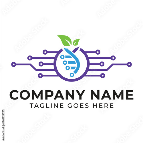 Nature Inspired Technology Logo with DNA Strand Digital Circuitry and Green Leaves for Modern Scientific Company