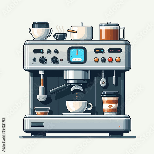Stylized illustration of a modern coffee machine, complete with various components and accessories, presented in a flat design format.