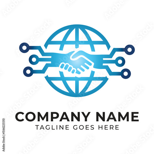 Global Technology Partnership Logo Design Blue Tech Handshake Globe, a symbol of international collaboration and digital advancement