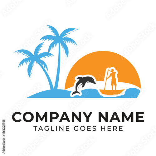 Vibrant Beach Logo Depicting Palm Trees, Dolphin, Paddle Boarder, and Sunset for a Coastal Brand