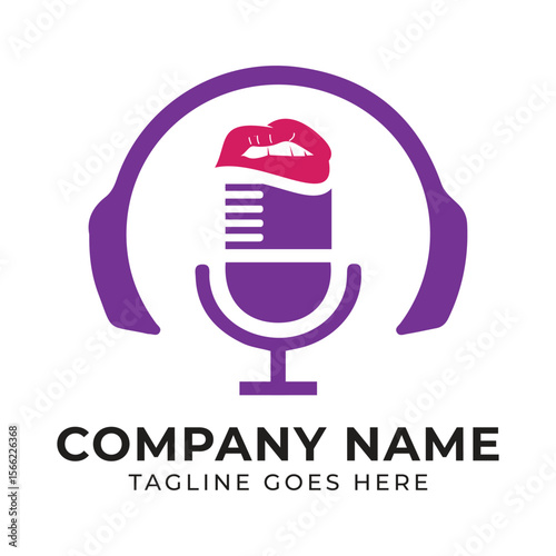Podcast Logo with Headphones Microphone and Lips for Audio Production and Content Creation Brand Identity Design