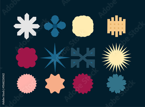 Circle sticker set. Colored promo badges with wavy edges. Star shaped labels for prices. Blank sale stickers. Simple Fintage stickers. Flat vintage labels. Graphic illustrations.