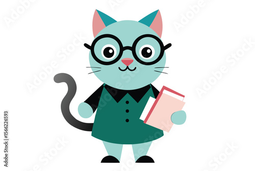 Charming cat librarian wearing glasses surrounded by stacks of books