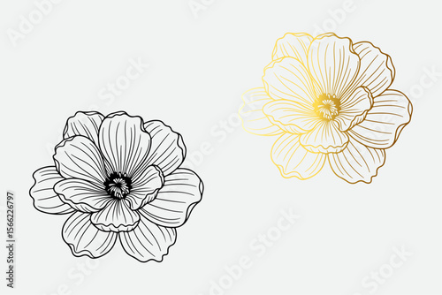 Elegant floral line art featuring a delicate black outline flower and a luxurious gold outline flower against a clean white background perfect for sophisticated design
