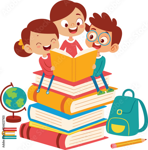 Three happy diverse children sitting on a stack of books reading together with a globe backpack and pencil isolated on transparent background