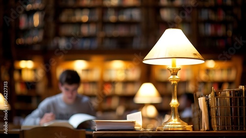 A focused college student in a library, surrounded by books with warm lighting creating a cozy atmosphere.
