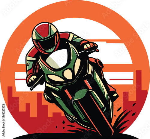 Dynamic illustration of a motorcycle racer in full gear leaning into a turn with a stylized cityscape and sunset in the background isolated on transparent background