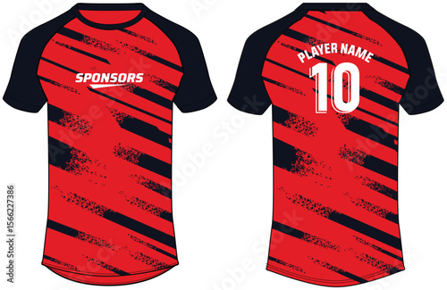 Sports jersey t shirt design flat sketch illustration, Abstract Stripe pattern Raglan Round neck football jersey concept with front and back view for Cricket, soccer, Volleyball, Rugby uniform