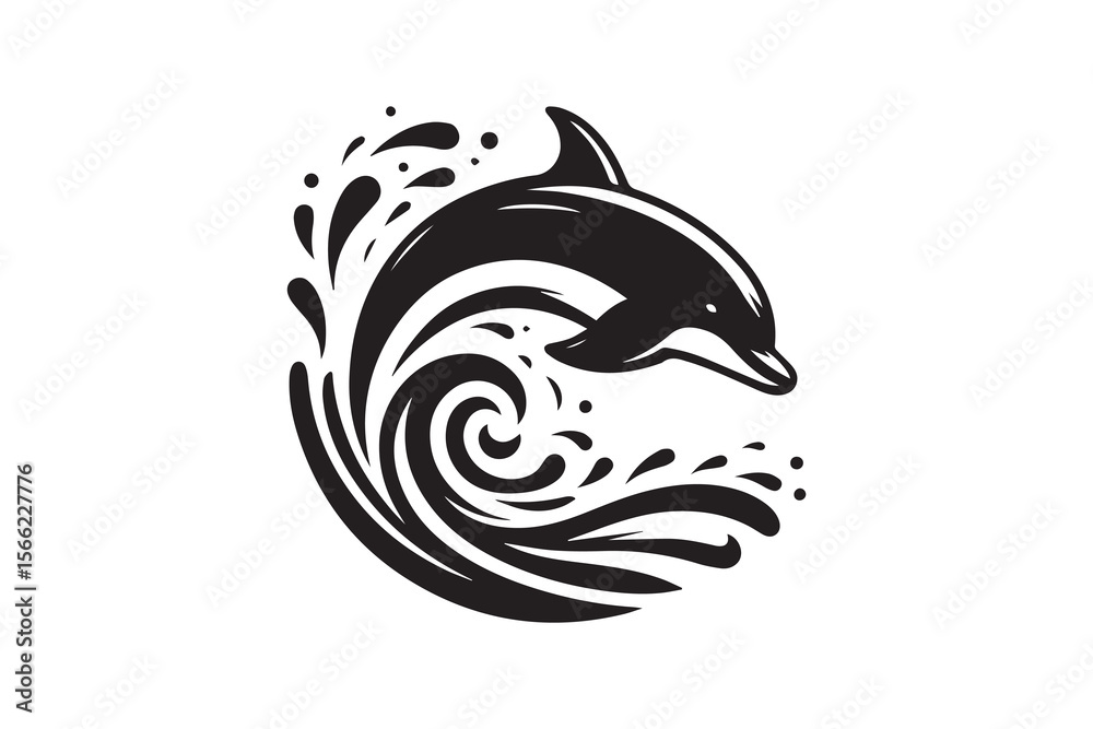Obraz premium tropical palm trees, dolphins jumping in waves, minimalist silhouette style, blue sky background, black and white with blue accents, high contrast, simple geometric shapes, clean and modern design
