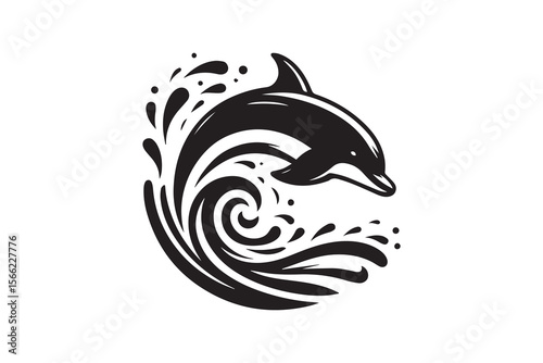 tropical palm trees, dolphins jumping in waves, minimalist silhouette style, blue sky background, 
black and white with blue accents, high contrast, simple geometric shapes, clean and modern design