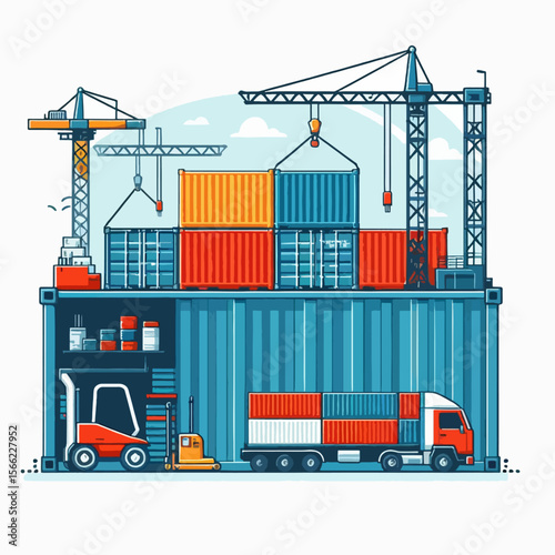 Detailed illustration depicts a cargo port with containers, cranes, a forklift, and a truck, showcasing the flow of goods in a modern logistics hub.
