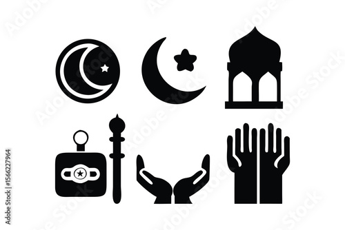 Simple Black and White Islamic Icons: Crescent Moon, Star, Mosque, Prayer Hands, and Traditional Objects;  Perfect for Ramadan, Eid, or Religious Design Projects, conveying spirituality and faith.