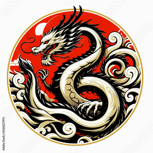 Stylized illustration of a majestic dragon, featured in a circular design with flowing swirls and clouds, set against a red background.