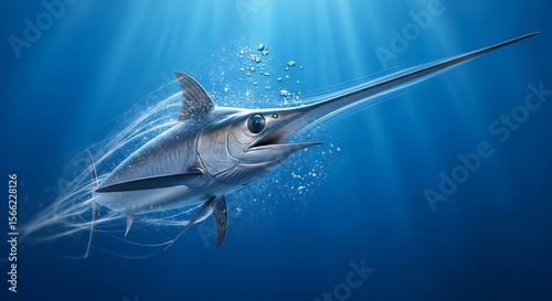 Graceful Swordfish Swims In The Deep Blue Sea With Sun Rays Shining Through Bubbles Around Him