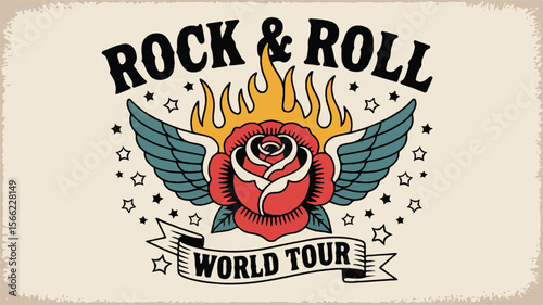 Flaming rose with wings and banner rock tour rock and roll