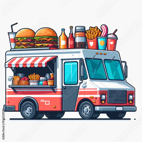 Vibrant illustration of a food truck overflowing with various appetizing food items. The truck is depicted in bold, simplified colors.